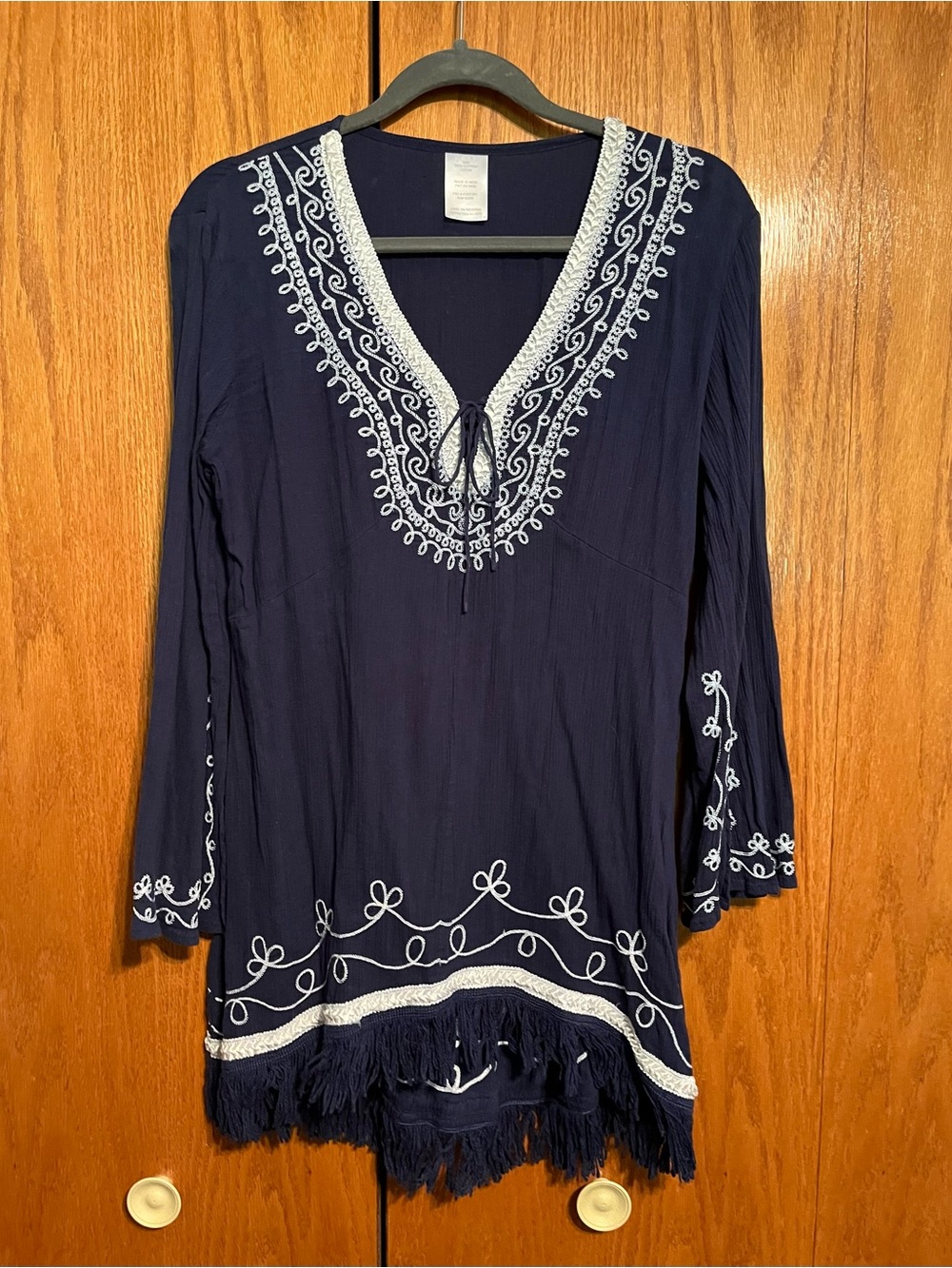 Navy Embroidered V-Neck Tunic Top with Fringe